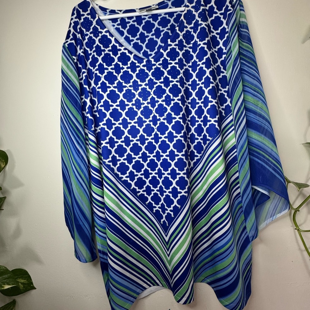 JM Collection Blue and Green Patterned Tunic